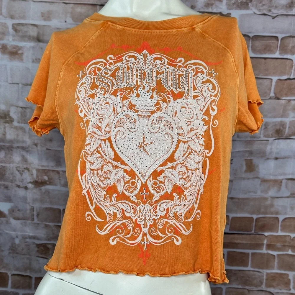 Sinful By Affliction Catherine Short Sleeve Orange Crop Top - NWT - Picture 5 of 10